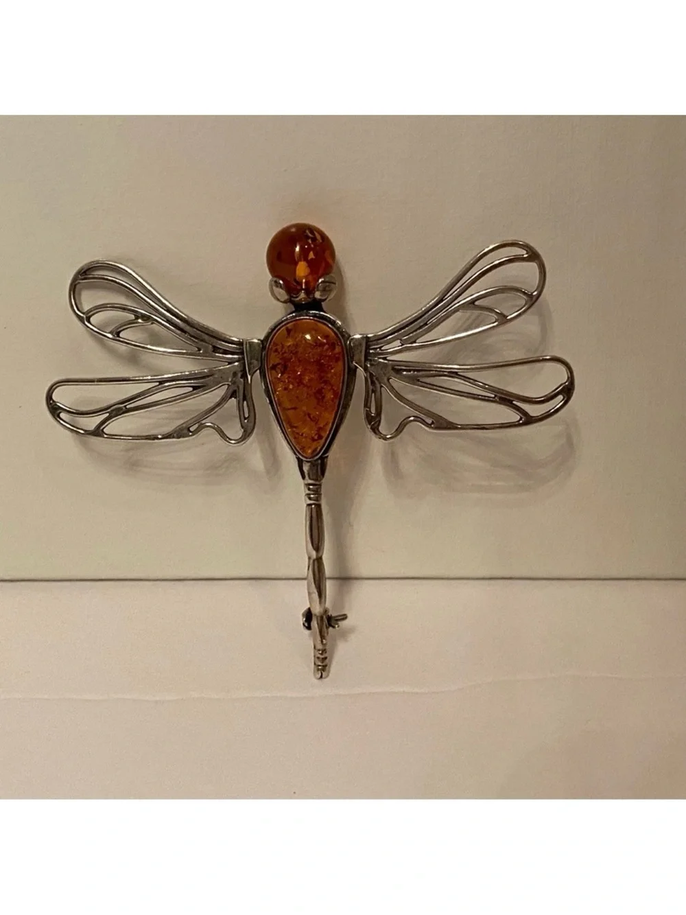 BROOCH PIN AMBER STERLING SILVER 925 DRAGONFLY 8.4 g